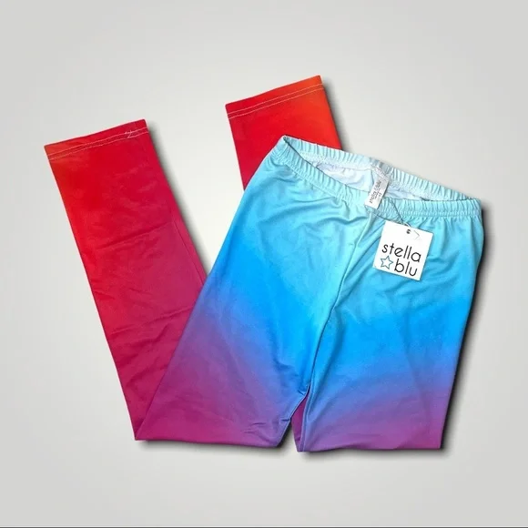 STELLA BLU  NWT IRREGULAR LCUTE RAINBOW OMBRE LEGGINGS RED PINK BLUE - Picture 2 of 7